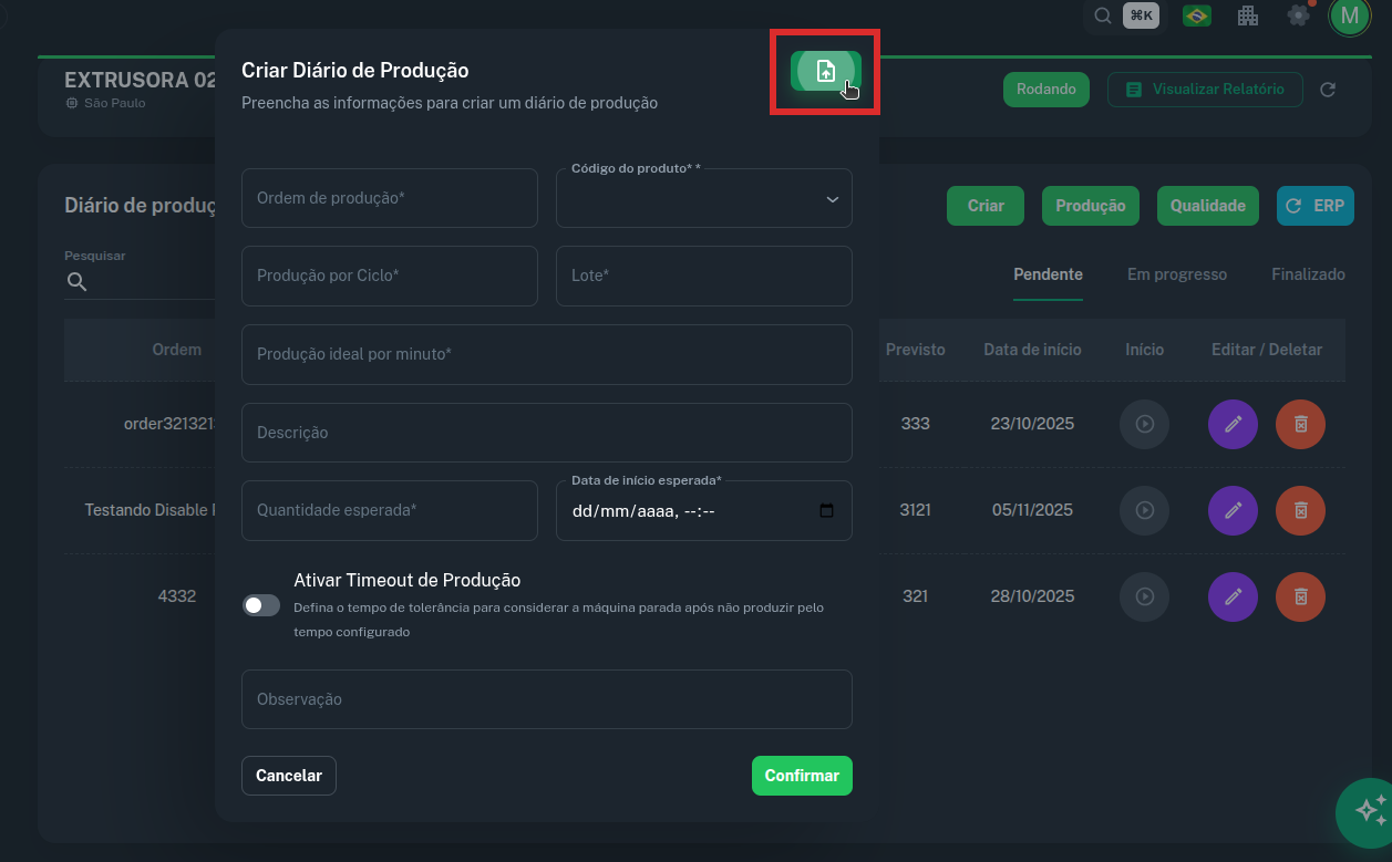 Modal de importação