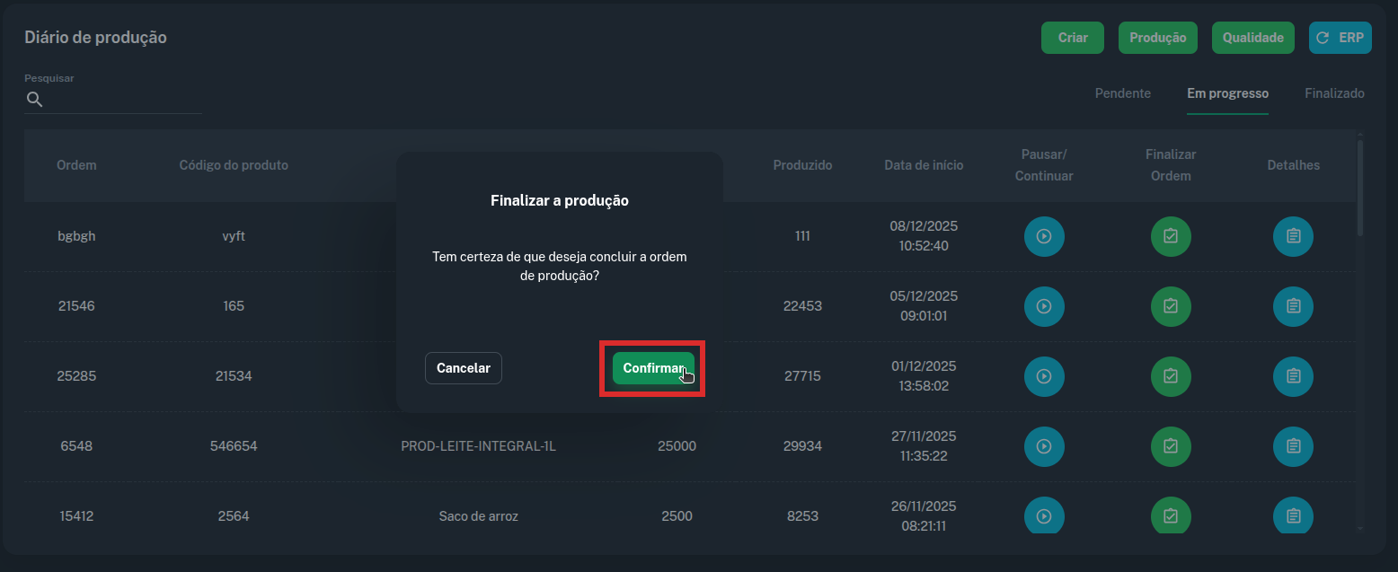 Modal de confirmação