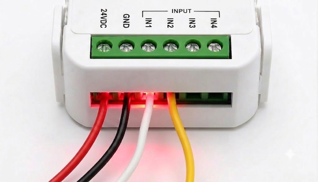 Régua de terminais do Coletor — 24VDC, GND, IN1, IN2, IN3, IN4 com LEDs de status visíveis pela fenda