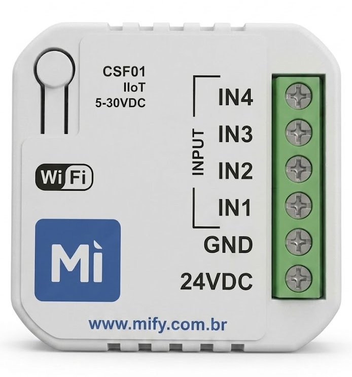 Coletor CSF01 IIoT — vista frontal com botão reset, Wi-Fi e régua de bornes