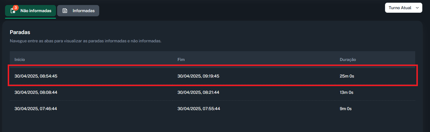 Imagem da tabela, com linha selecionada