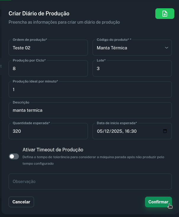 Imagem do modal de criação, campos manuais