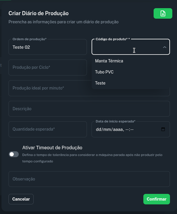 Imagem do select do campo de produto