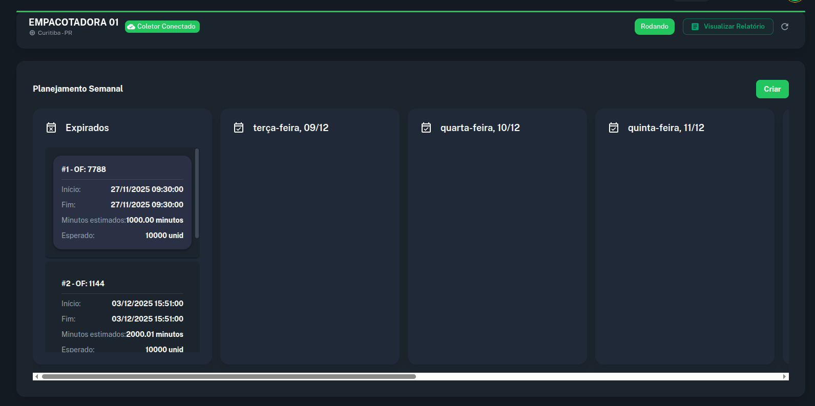 Imagem da tela de planejamento de produção