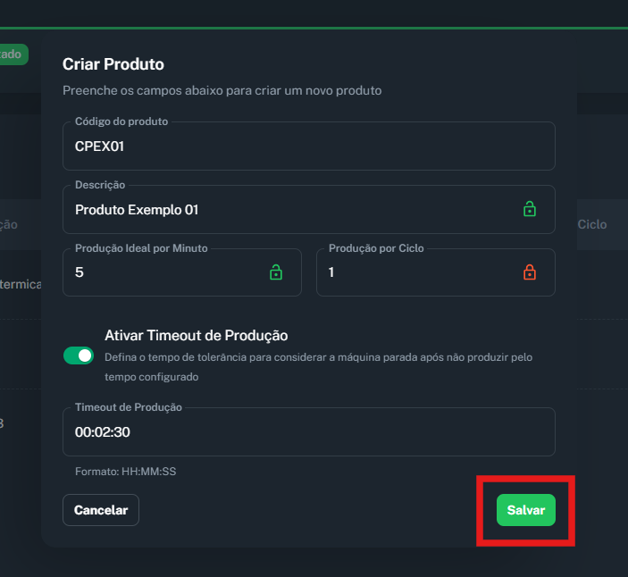 Imagem do modal de criação de produto preenchido