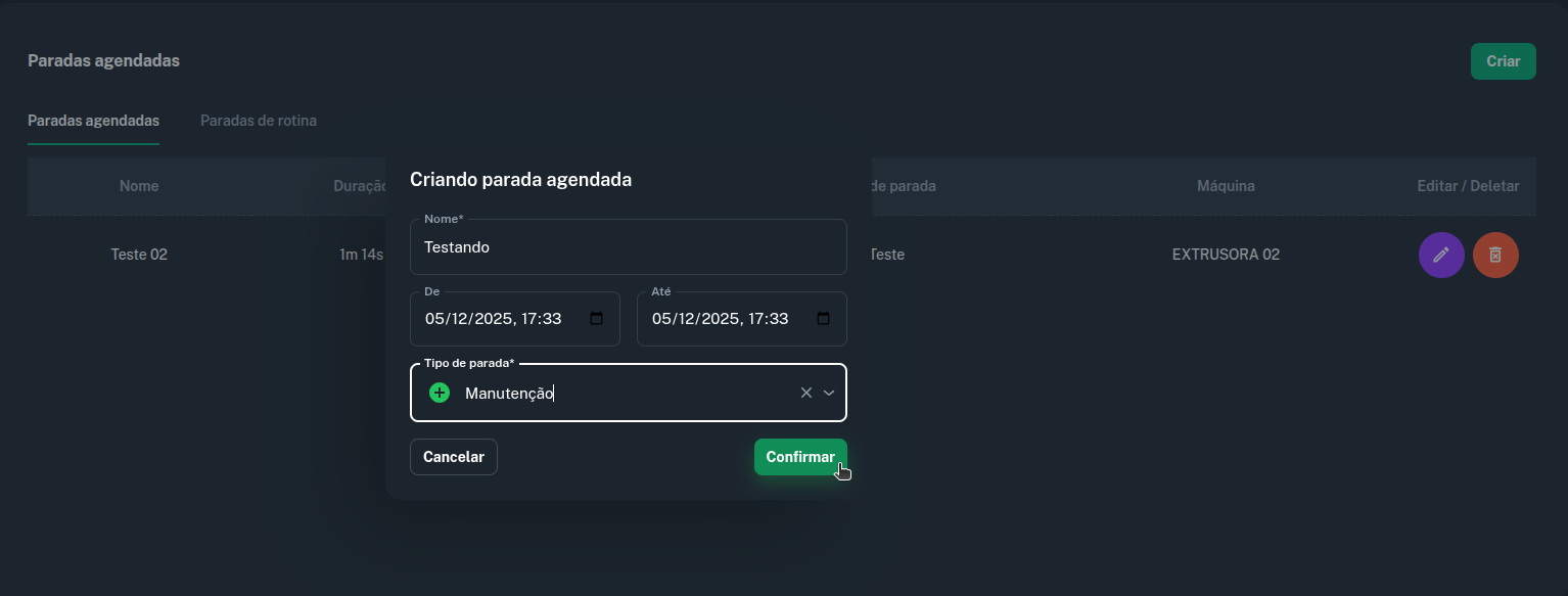 Formulário de criação de Parada Agendada